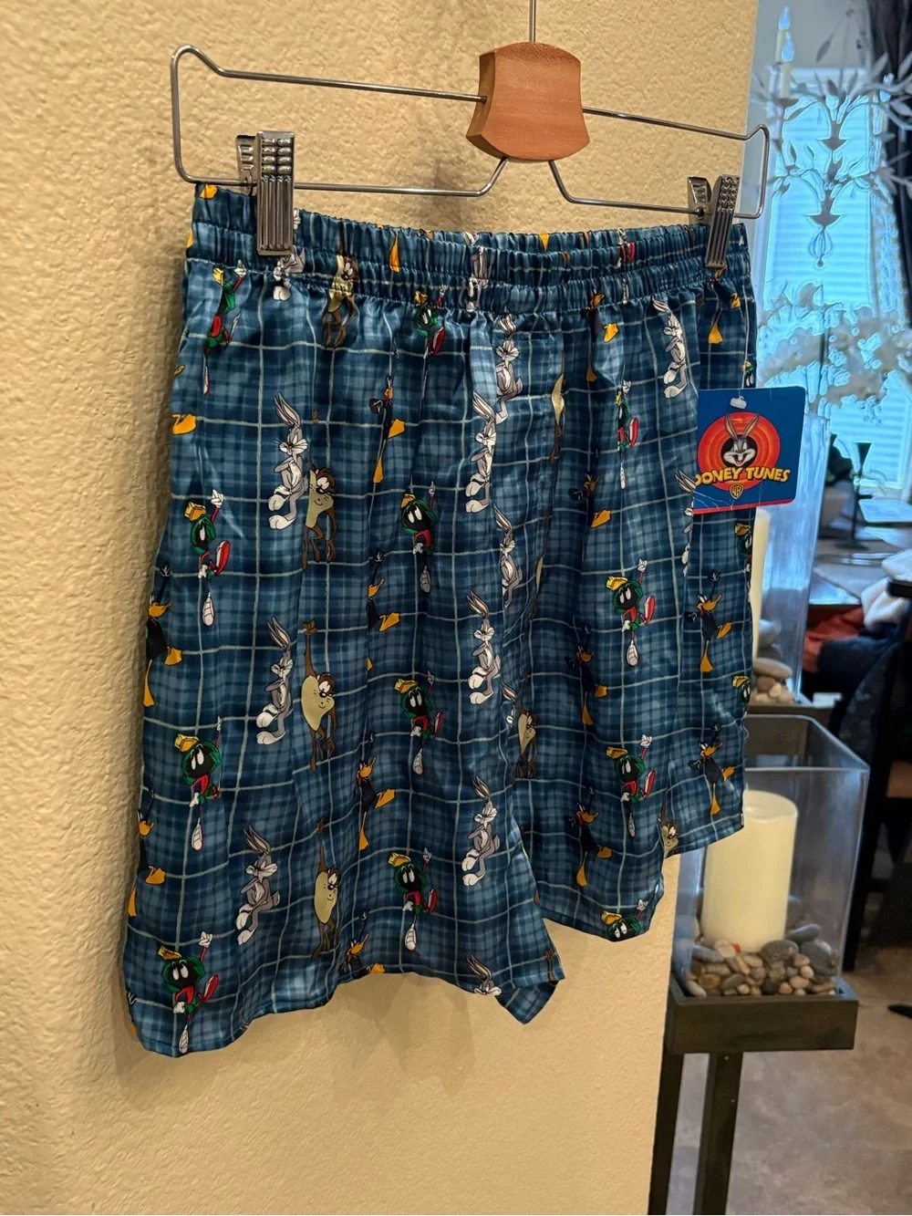 NWT~Vtg 2001 Looney Tunes Blue Plaid 100% Silk Boxer Shorts Size Medium